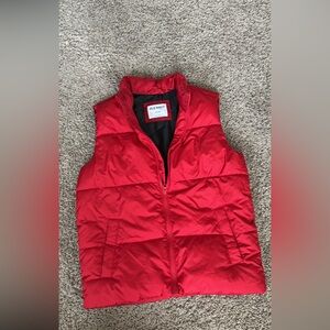 Old Navy Vibrant Red Puffer vest & brown sweater